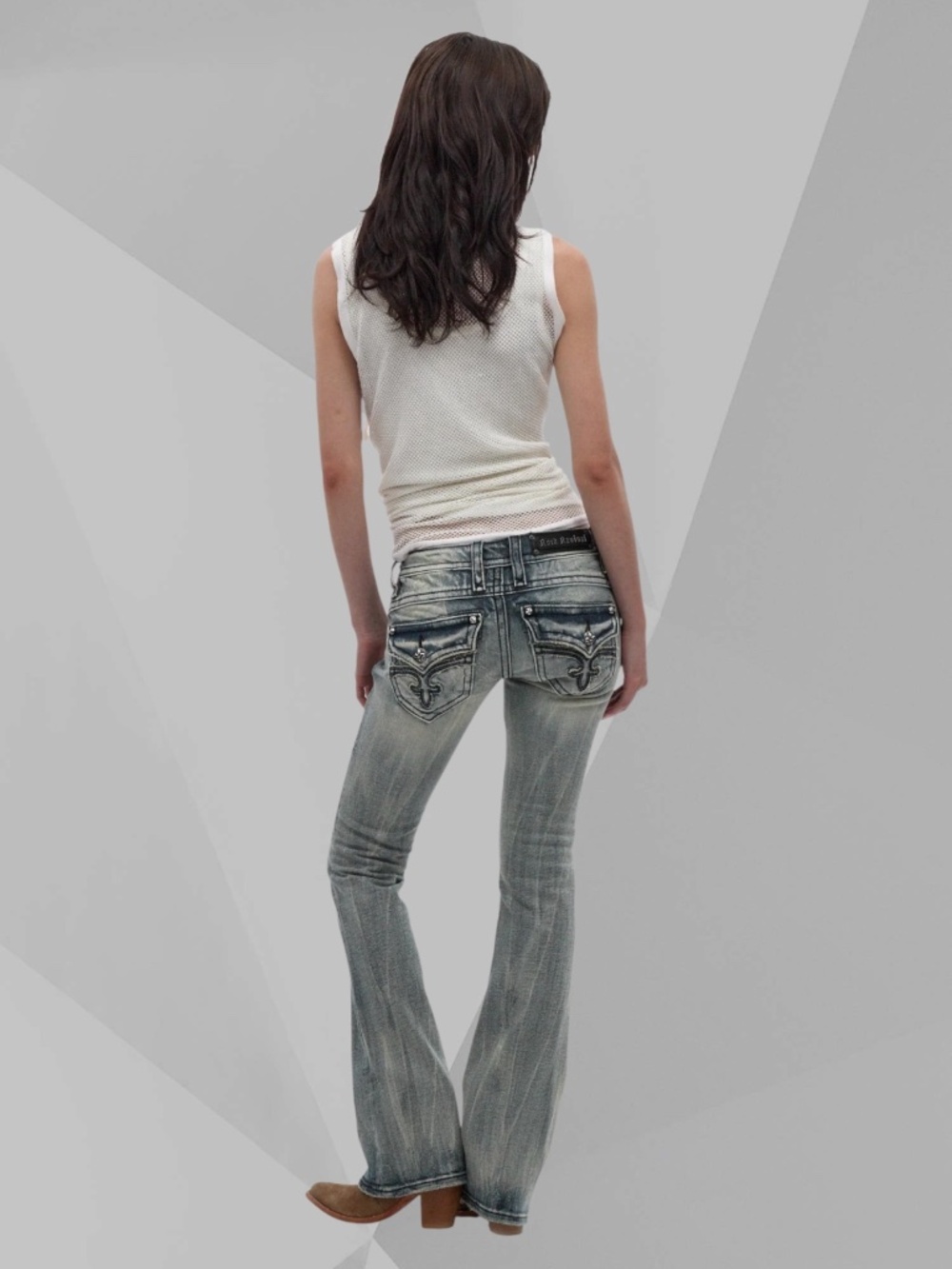 ROCK REVIVAL GWEN Bootcut Low Rise Jeans Perfect Fade Flap Bling Pockets 30 EUC